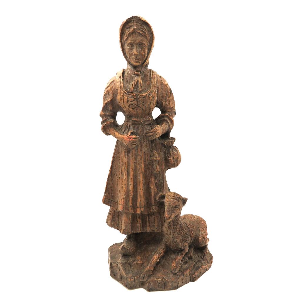 Vintage Carved Wood Woman with Lamb Figurine 8in Folk Art Naturholz Geschnitzt